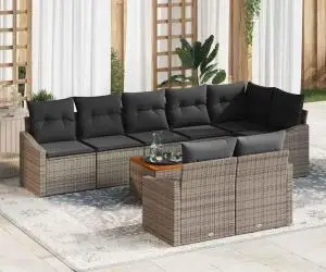 Set de canapele de grădină, 9 piese, cu perne gri din rattan și acacia
