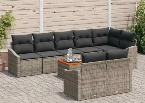 Set de canapele de grădină, 9 piese, cu perne gri din rattan și acacia - 3/5