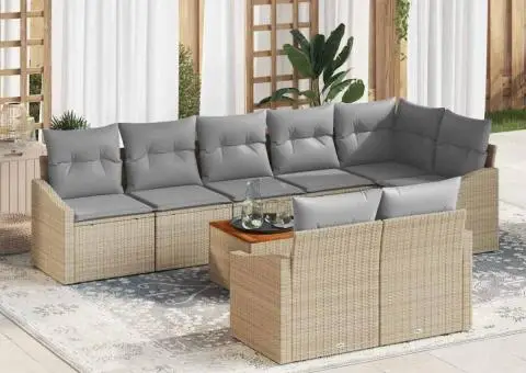 Set de canapea de grădină 9 piese cu perne bej, din ratan sintetic și lemn de acacia - 1/5