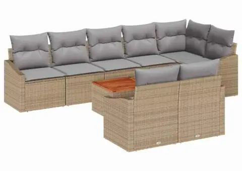 Set de canapea de grădină 9 piese cu perne bej, din ratan sintetic și lemn de acacia - 2/5