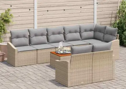 Set de canapea de grădină 9 piese cu perne bej, din ratan sintetic și lemn de acacia - 3/5