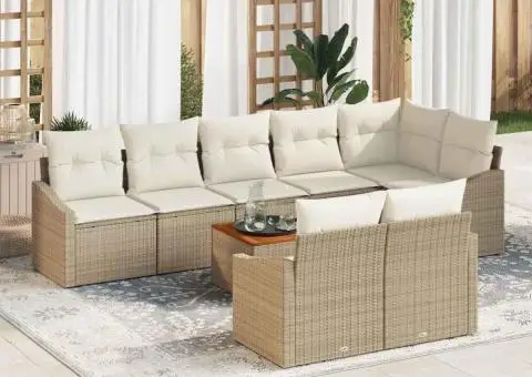 Set de canapele grădină , 9 piese, cu perne, din ratan poliester bej și acacia - 1/5