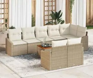 Set de canapele grădină , 9 piese, cu perne, din ratan poliester bej și acacia
