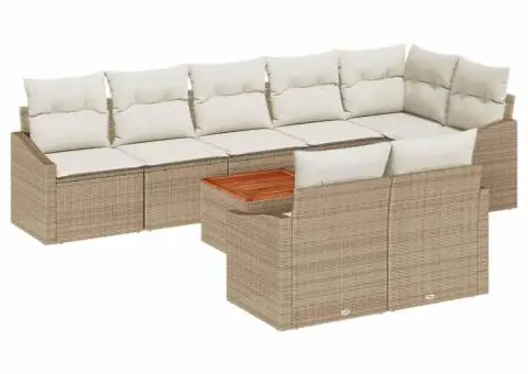 Set de canapele grădină , 9 piese, cu perne, din ratan poliester bej și acacia - 2/5