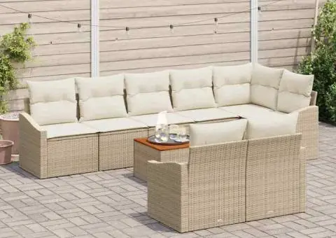 Set de canapele grădină , 9 piese, cu perne, din ratan poliester bej și acacia - 3/5