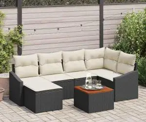 Set colțar grădină , 7 piese, cu perne, ratan sintetic negru, acacia