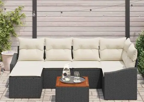 Set colțar grădină , 7 piese, cu perne, ratan sintetic negru, acacia - 3/5