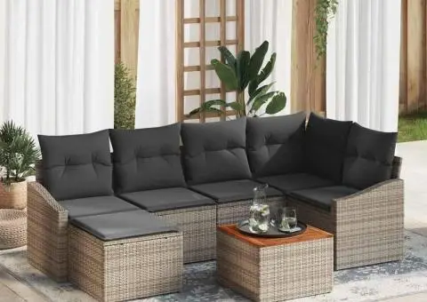 Set de canapea de grădină cu perne, 7 piese, poliratan gri, acacia - 1/5