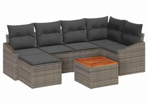 Set de canapea de grădină cu perne, 7 piese, poliratan gri, acacia - 2/5