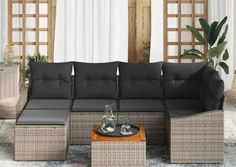 Set de canapea de grădină cu perne, 7 piese, poliratan gri, acacia - 3/5