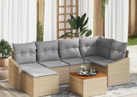 Set de grădină cu 7 piese, cu perne, din ratan poly bej și acacia - 1/5