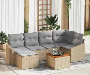 Set de grădină cu 7 piese, cu perne, din ratan poly bej și acacia