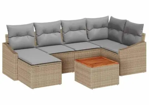 Set de grădină cu 7 piese, cu perne, din ratan poly bej și acacia - 2/5