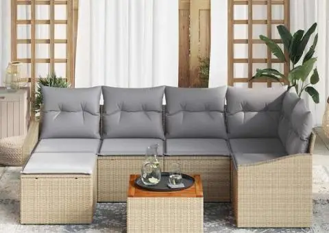 Set de grădină cu 7 piese, cu perne, din ratan poly bej și acacia - 3/5