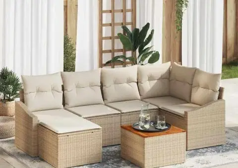 Set de canapele de grădină din 7 piese, cu perne bej, din ratan sintetic și lemn de acacia - 1/5