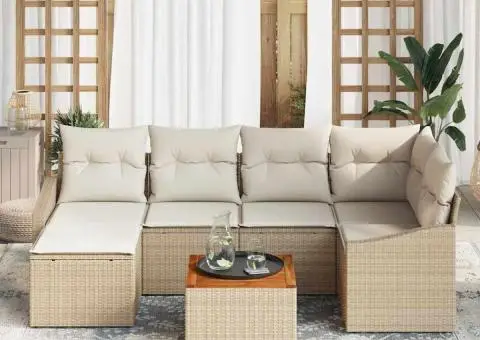 Set de canapele de grădină din 7 piese, cu perne bej, din ratan sintetic și lemn de acacia - 3/5