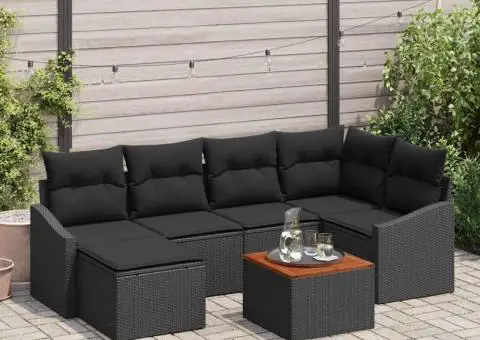 Set de canapea pentru grădină cu 7 piese și perne, Negru, din Poly Rattan și Acacia - 1/5