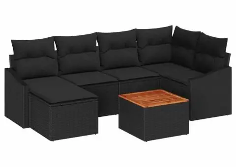 Set de canapea pentru grădină cu 7 piese și perne, Negru, din Poly Rattan și Acacia - 2/5