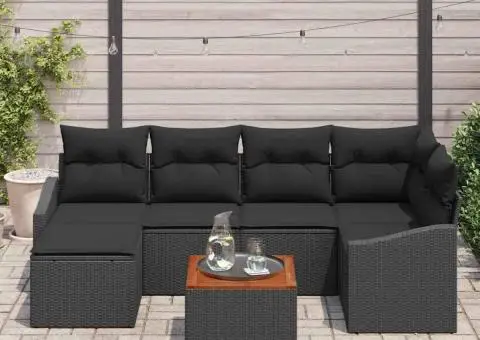 Set de canapea pentru grădină cu 7 piese și perne, Negru, din Poly Rattan și Acacia - 3/5