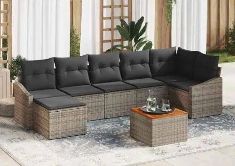 Set canapea de grădină, 8 piese, perne gri din ratan sintetic, Acacia - 1/5