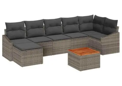 Set canapea de grădină, 8 piese, perne gri din ratan sintetic, Acacia - 2/5