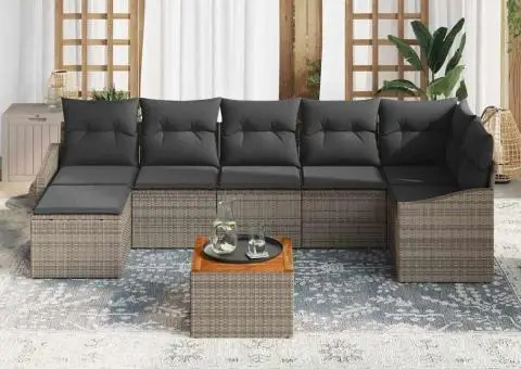 Set canapea de grădină, 8 piese, perne gri din ratan sintetic, Acacia - 3/5