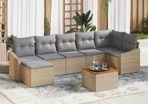 Set mobilier grădină , 8 piese, cu perne, bej, ratan sintetic, acacia - 1/5