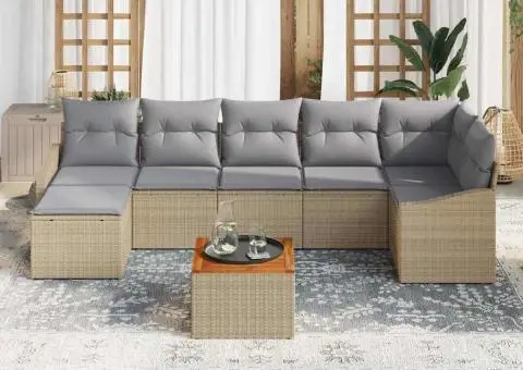 Set mobilier grădină , 8 piese, cu perne, bej, ratan sintetic, acacia - 3/5