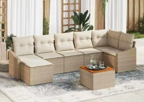 Set canapea grădină 8 piese cu perne bej din ratan poliester și masă din acacia - 1/5