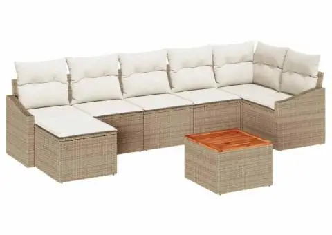 Set canapea grădină 8 piese cu perne bej din ratan poliester și masă din acacia - 2/5