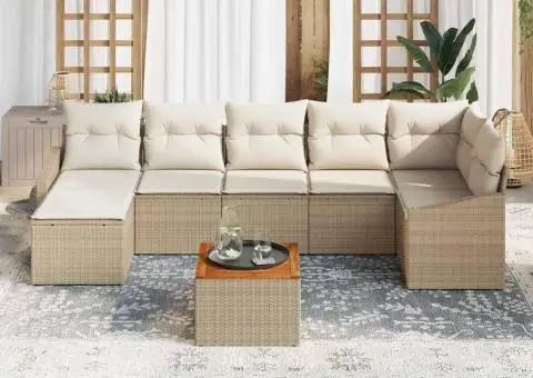 Set canapea grădină 8 piese cu perne bej din ratan poliester și masă din acacia - 3/5