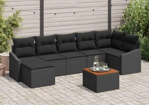 Set de canapea pentru grădină, 8 piese cu perne, rattan negru, acacia - 1/5