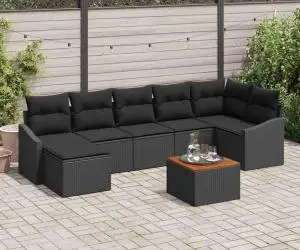 Set de canapea pentru grădină, 8 piese cu perne, rattan negru, acacia