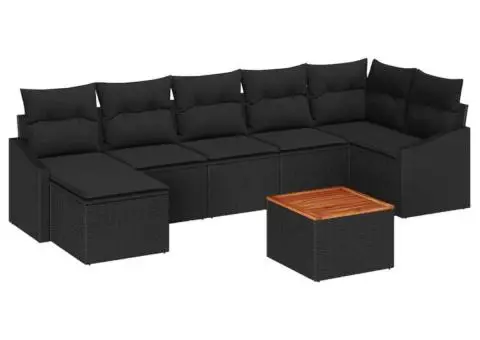 Set de canapea pentru grădină, 8 piese cu perne, rattan negru, acacia - 2/5