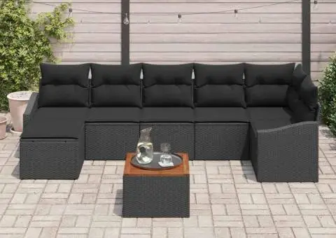 Set de canapea pentru grădină, 8 piese cu perne, rattan negru, acacia - 3/5