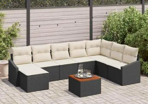 Set de canapea de grădină cu 9 piese, perne, ratan poliester negru, lemn de acacia - 1/5