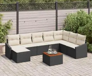 Set de canapea de grădină cu 9 piese, perne, ratan poliester negru, lemn de acacia