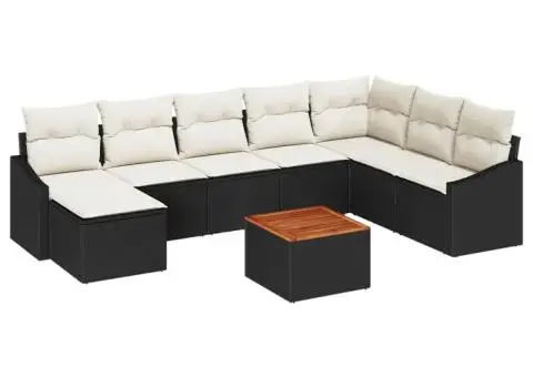Set de canapea de grădină cu 9 piese, perne, ratan poliester negru, lemn de acacia - 2/5