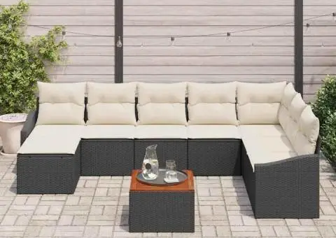 Set de canapea de grădină cu 9 piese, perne, ratan poliester negru, lemn de acacia - 3/5