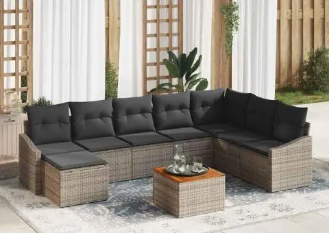 Set canapele de grădină din 9 piese, cu perne gri din ratan poli și acacia - 1/5