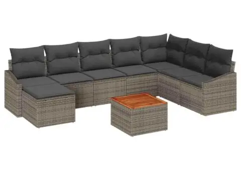Set canapele de grădină din 9 piese, cu perne gri din ratan poli și acacia - 2/5