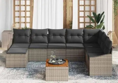 Set canapele de grădină din 9 piese, cu perne gri din ratan poli și acacia - 3/5