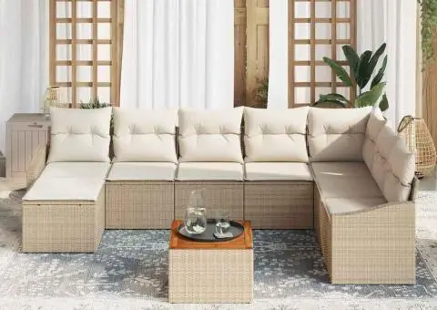 Set de Canapea de Grădină, 9 Piese cu Perne Bej din Poliratan și Acacia - 3/5