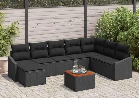 Set de canapea pentru grădină format din 9 piese, cu perne, ratan poly negru, acacia - 1/5