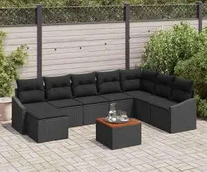 vidaXL Set de canapea pentru grădină format din 9 piese, cu perne, ratan poly negru, acacia