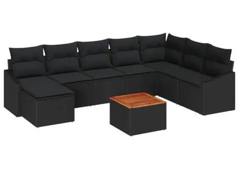 Set de canapea pentru grădină format din 9 piese, cu perne, ratan poly negru, acacia - 2/5