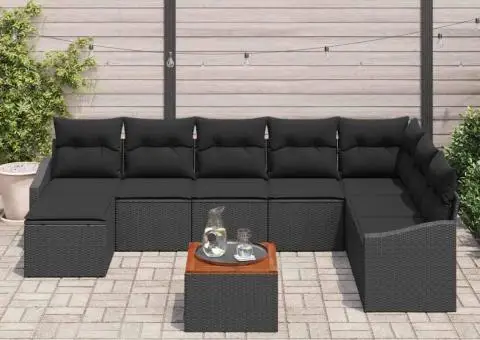 Set de canapea pentru grădină format din 9 piese, cu perne, ratan poly negru, acacia - 3/5