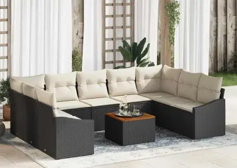 Set de canapea de grădină cu 10 piese, perne incluse, rattan negru, lemn de acacia - 1/5