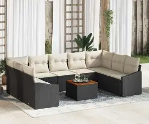 vidaXL Set de canapea de grădină cu 10 piese, perne incluse, rattan negru, lemn de acacia
