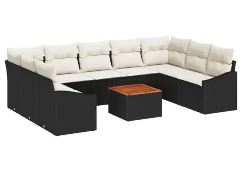 Set de canapea de grădină cu 10 piese, perne incluse, rattan negru, lemn de acacia - 2/5